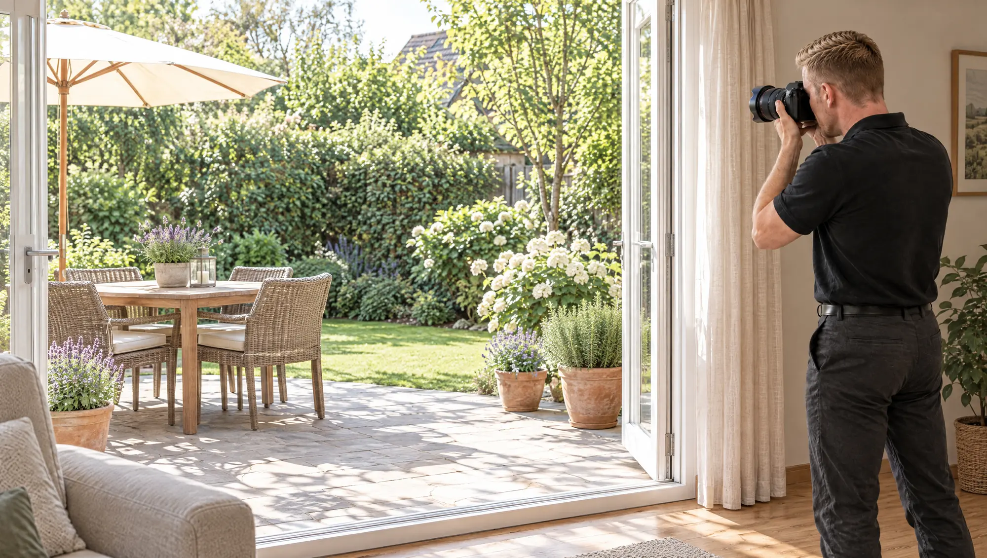 Immobilienfotograf bei der Aufnahme einer sonnigen Terrasse mit Garten